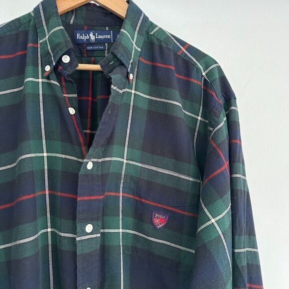 Ralph Lauren Shirt Mens Large Tartan Plaid Flannel Button Down Polo Golf Crest - Picture 2 of 9